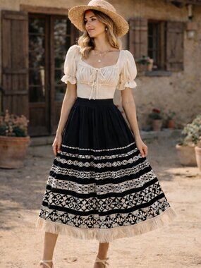 Vintage Italian Cotton Embroidered Southwestern Boho Cottagecore Skirt Sz 6 NWOT